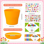 Domensi 30 Pack Garden Pot Craft Kit 4 Inch DIY Happy Mother's Day Crafts for Kids Bulk Small Plastic Flower Plant Pot Plastic Planter with Tray Drainage Holes with Tag, Certificate of Award, Sticker