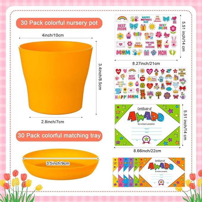 Domensi 30 Pack Garden Pot Craft Kit 4 Inch DIY Happy Mother's Day Crafts for Kids Bulk Small Plastic Flower Plant Pot Plastic Planter with Tray Drainage Holes with Tag, Certificate of Award, Sticker