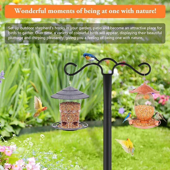SINLEY 2 Pack 90 inch Double Shepherds Hook for Outdoor with 5 Prong Base Heavy Duty Two Sided Bird Feeder Pole for Hanging Lantern,Hummingbird Feeder,Lightweight Plant,Shepherds Hook