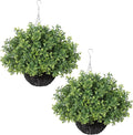 2PCS Artificial Boxwood Plants with Hanging Basket - Fake Aglaia Odorata Hanging Planters Faux Greenery UV Resistant Eucalyptus Leaves for Front Porch Patio Garden Farmhouse Home Decor (Green)