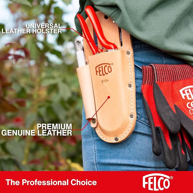 FELCO F910+ USA Made Leather Holster – Dual-Slot Belt Pouch for Pruners, Wire Cutters & Folding Saws with Accessory Slot | Tool Holster with Clip & Loop Attachment | Heavy-Duty Genuine Leather