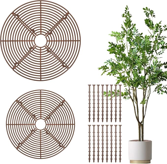 2 Pcs Plants Pot Grid, Plant Pot Grid Soil Protector Covers, Cuttable Flower Protector, Plastic Plant Covers from Animals with Ground Nails for Indoor Outdoor Gardening