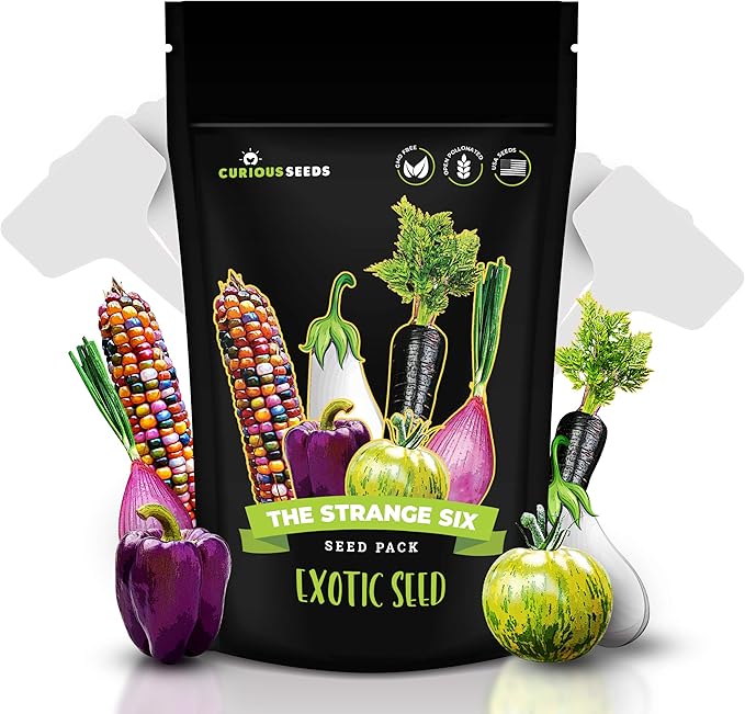 Exotic Vegetable Seeds Variety Pack - 6 Curious Garden Varieties to Grow, Non GMO, Open Pollinated, Heirloom, and Untreated for Planting, Unique Gardening Gift for Indoors and Outdoors