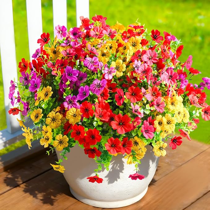 40 Pcs Artificial Flowers for Outdoors Fake Flowers UV Resistant, Artificial Plants Outdoor Indoor Faux Plastic Fake Plants for Planter Front Door Garden Porch Yard Home Decor(Pink Red Purple Yellow)