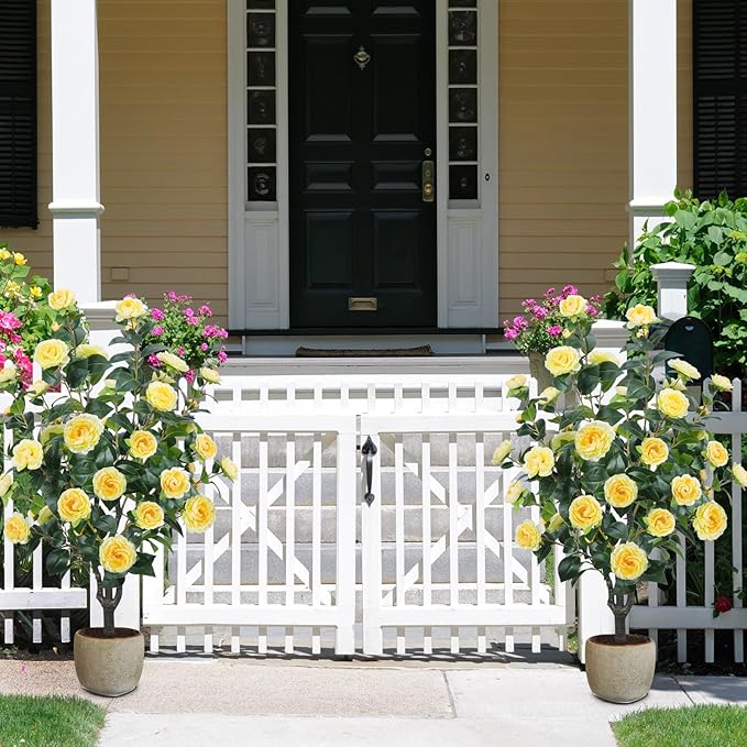 3.6FT Artificial Camellia Fake Tree, Artificial Plants & Flowers with 32 Yellow Flowers for Door Front Decoration Porch Patio Living Room Office Indoor Outdoor Decor (2PCS Contains Faux Moss)