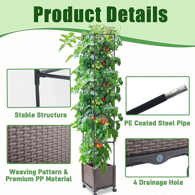 Quibbay Raised Garden Bed Planter Box with Trellis, 74" Self-Watering Tomato Planters for Climbing Plants Vine Flowers Outdoor Patio, Tomatoes Cage with Wheels, 1Pack