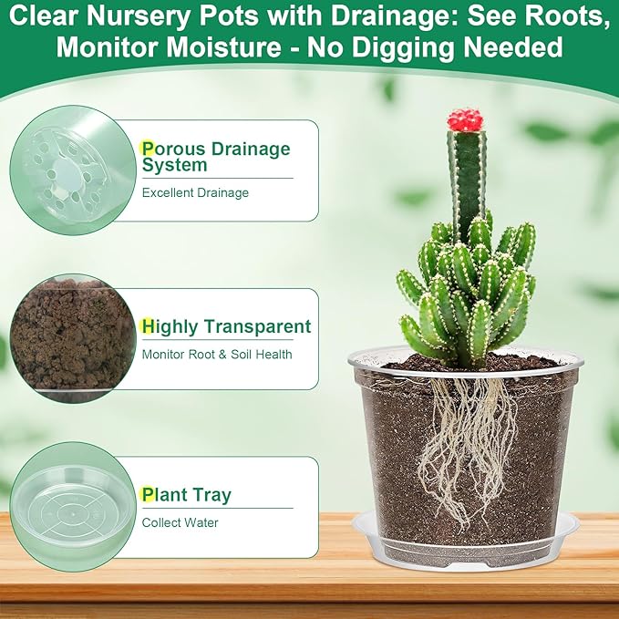 Jollidecor 45Pcs Clear Plastic Nursery Pots with Drainage Holes and Saucers, 3/4/5/6/7Inch Seedling Starter Flower Pots with Tool for Indoor Outdoor Gardening Flower, Herb, Succulent Transplanting
