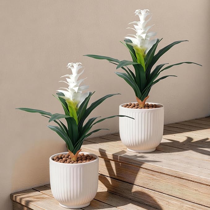 Ivydale Fake Flowers Plants for Outdoors, 2 Pcs 16.93" Bromeliad Artificial Flowers Uv Resistant Realistic Faux Flowers for Outdoor Planters Outside Porch Patio Yard Garden Indoor Decoration(White)