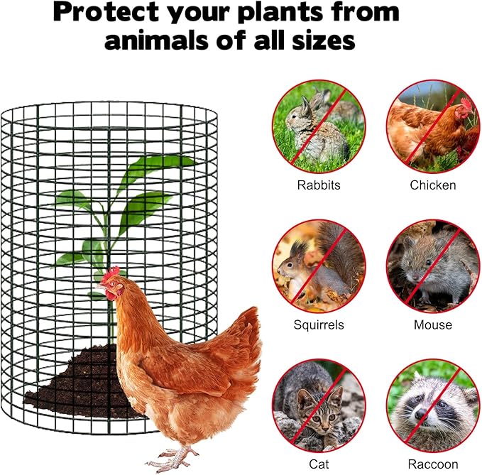 YEXEXINM 10 Pack 12" H X 4" D Wire Small Plant Protector from Animals, 10 PCS Small Metal Plant Cage Chicken Wire Cloche with Ground Stakes and Nylon Tie to Keep Animals Out, Garden Protection