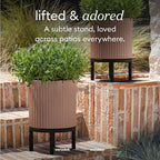 Veradek Demi Series Round Planter w/Stand for Porch/Patio | Durable Plastic-Stone Composite & Wooden Stand | Modern Décor for Tall Plants, Flowers