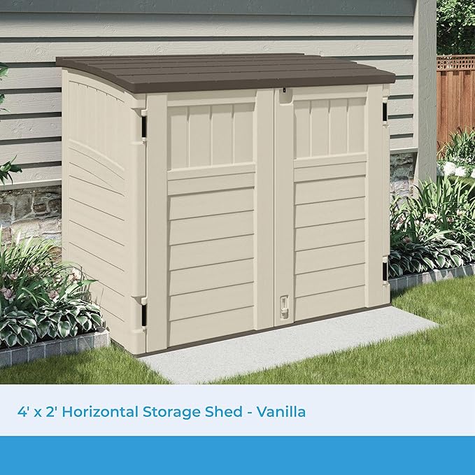 Suncast 4 Pack 34 Cu Ft Capacity Horizontal Outdoor Storage Shed for Garbage Cans, Garden Accessories, Backyard, and Patio Use, Vanilla