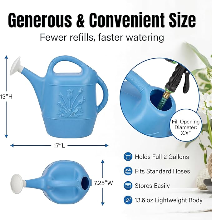 PMU 2 Gallon Watering Can - Garden Watering Can for Indoor & Outdoor Plants - Plastic Water Can with Detachable Sprinkler Head - Large Water Pot, Made in USA - Blue Pkg/1