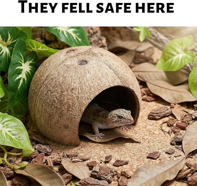 Crested Gecko Terrarium Decor Kit - 5PCS Rainforest Tank Accessories with Coconut Hide, Climbing Vines, Leaf Platform & Artificial Plants - Habitat Enrichment for Humidity & Hiding (Yellow)