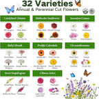 Lush&Dew Cut Flower Seed Bank, Gardening Gifts for Mom Women, 32 Varieties Non-GMO Annual & Perennial Wildflower Seeds for Planting in Raised Garden Bed, Home Garden, Zinnia Sunflower Zone 3-10