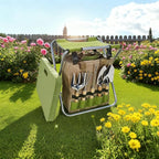 Garden Tool Set with Folding Kneeler Stool Green Steel Frame Oxford Fabric 8PCS Gardening Tools with Insulated Tote Bag Knee Mat for Outdoor Gardening Camping Fishing