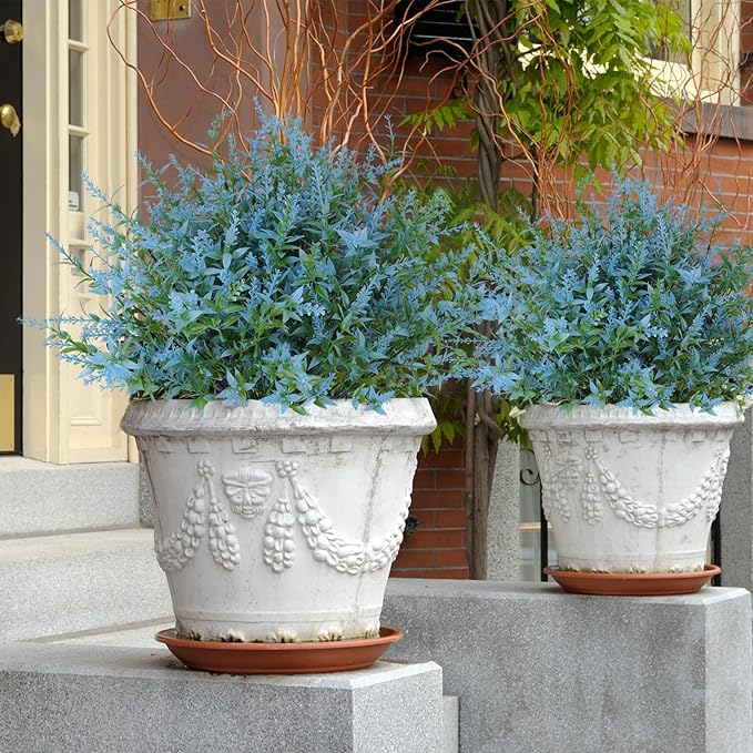 RECUTMS 20 Bundles Outdoor Artificial Flowers UV Resistant Fake Outdoor Plants, Faux Greenery for Indoor Outside Hanging Plants Garden Porch Window Box Home Wedding Farmhouse Décor(Blue)