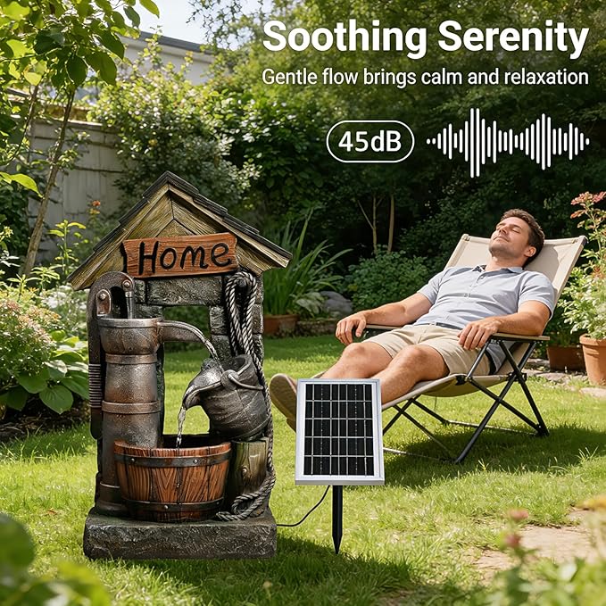 Solar Outdoor Water Fountain with Pump and Water Well 28.7 Inch High Rustic Barrel Cascading Waterfall Fountain, 3-Tier Garden Water Feature for Patio, Backyard, Yard & Outdoor Decor