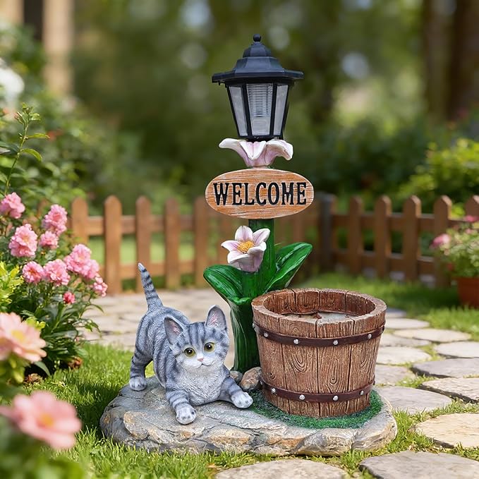 Animal Outdoor Statue Planter Solar Light Welcome Garden Sculpture Resin Flower Pot Decorative Porch Patio Yard Lawn Entryway Figurine with LED Lamp Rustic Plant Holder Ornament Courtyard (F)