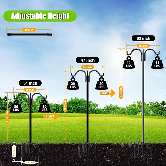 Gtongoko Double Shepherds Hook for Outdoor, 2 Pack 63 Inch Heavy Duty Bird Feeder Pole 5/8 Inch Thick Garden Hooks for Hanging Hummingbird Feeder, Plant Baskets, Solar Light Lanterns