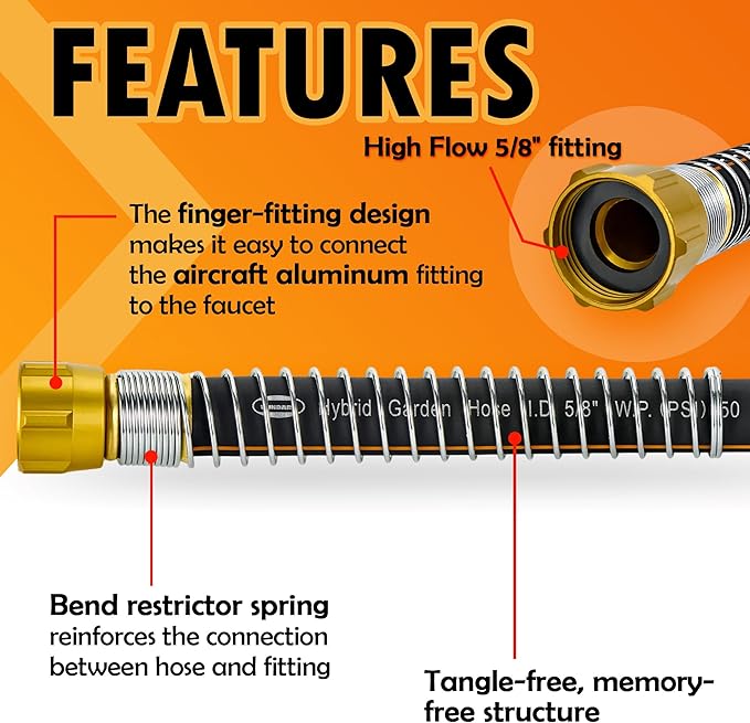 5/8 in. × 75 ft. High Flow Heavy Duty Garden Hose Flexible Hybrid Rubber Water Hose, No Memory Durable Premium Water Hose for Watering, Irrigation, Water Transfer Pump
