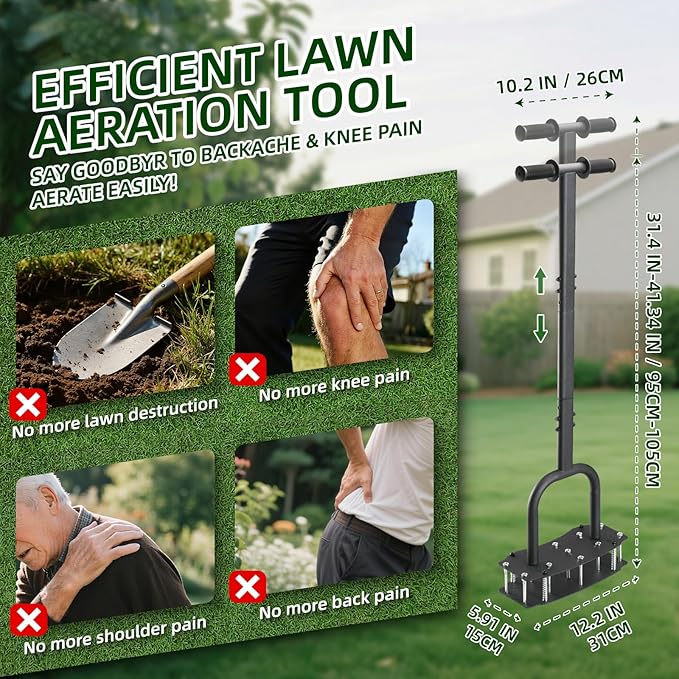 Lawn Aerator Tool for Clay Soil - Kick to Unclog & Bolt-On Base Never Breaks - 11 Heavy Duty 3.5” Spikes for Deeper Penetration - Pre Assembled 12.2x6” Plate