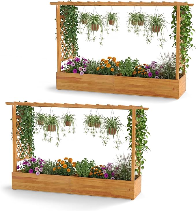 Happygrill 45" Raised Garden Bed with Trellis, 2 Pack Wood Planter Box w/Hanging Roof, 2 Side Trellises, Open-Ended Base for Flower, Climbing Plant, Plant Container for Garden