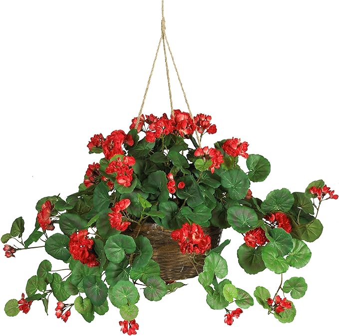 Nearly Natural 24in Artificial Geranium Hanging Basket Faux Floral Plant for Indoor Home Porch Decor, Red