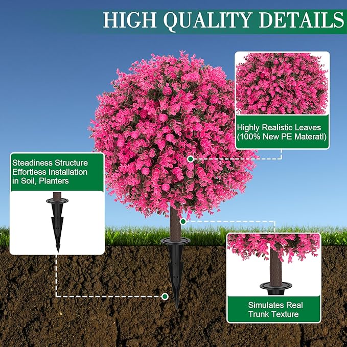 AOKIIE Set of 2 Artificial Pink Boxwood Topiary Ball Tree for Outdoor with Ground Spike, 22" UV Resistant Faux Greenery Shrubs, Fake Plants for Garden Yard Porch Patio(Pink)