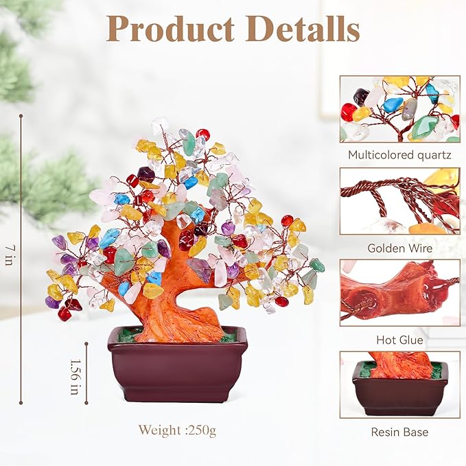 Feng Shui Quartz Crystal Money Tree Bonsai Style Decoration for Luck and Wealth (Multicolor)