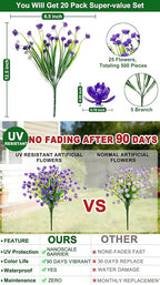 TURNMEON 20 Bundles Artificial Flowers for Outdoors, Spring Grass Camellia Fake Flowers Plastic Plants, UV Resistant No Fade Faux Greenery for Gardens Porch Summer Cemetery Decor 500 Heads(Purple)