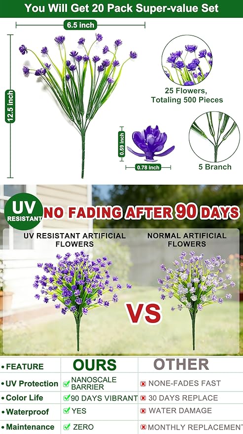 TURNMEON 20 Bundles Artificial Flowers for Outdoors, Spring Grass Camellia Fake Flowers Plastic Plants, UV Resistant No Fade Faux Greenery for Gardens Porch Summer Cemetery Decor 500 Heads(Purple)