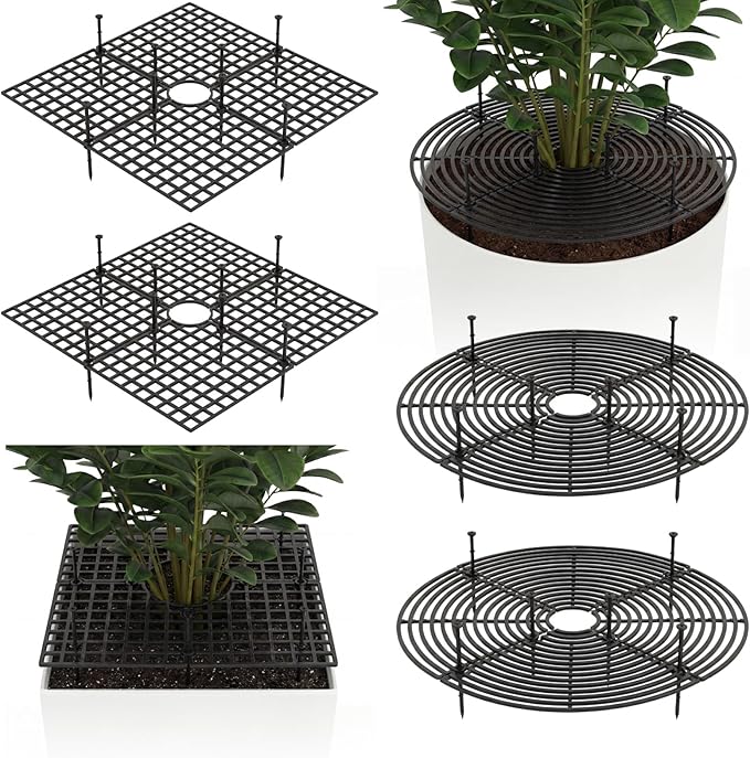 Nuanchu 6 Pcs Plant Pot Covers Grid Soil Protector from Animals 11.8" Cuttable Flower Protector Cat Digging Stopper Plant Pot Cover with Stakes for Indoor Outdoor Gardening, Round Square (Black)