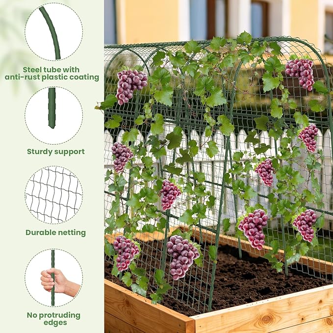 Cucumber Trellis, Metal Garden Arch Trellis for Raised Bed, 63 x 48inch U-Shape Garden Trellis for Climbing Plants Outdoor, Vegetables Fruit Plant Support with Netting, Gardening Supplies (Green)