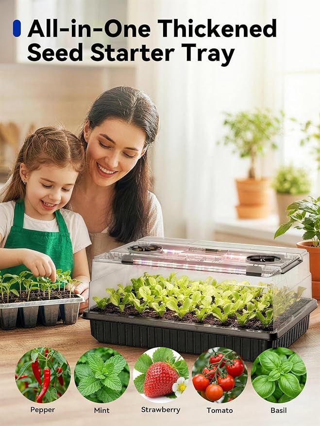 GLOWRIUM Seed Starter Tray with Grow Lights, 2 Pack 108-Cell Seed Starter Kit with 4.3" Humidity Dome, Indoor Seedling Starter Tray with 3/9/12/16h Timer, Adjustable Brightness Seed Starting Trays