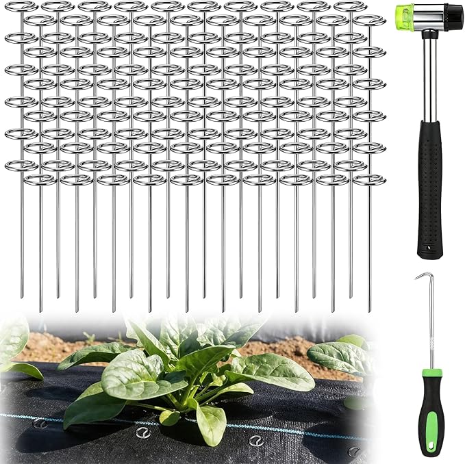 6 Inch Landscape Staples with Hook & Hammer - 120pcs Circle Top Weed Barrier Stakes Kit, 9 Gauge Galvanized Rust-Resistant Garden Fabric Pins, for SOD, Garden Edging, Install & Remove Tools Included