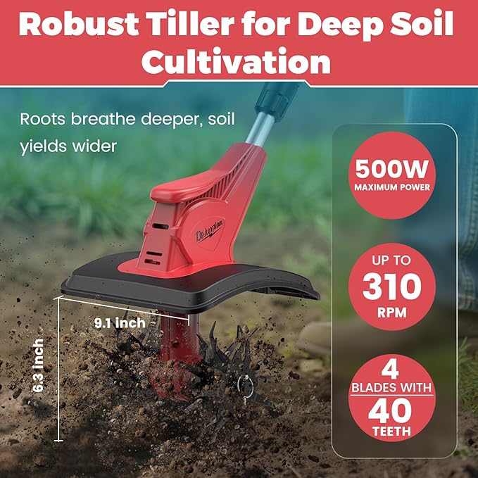 Battery Powered Tiller Compatible with Milwaukee 18V Battery(Tool Only), 310RPM Folding Electric Rototiller Features 40 Steel Tines, 9.1In Tilling Width & 6.3In Depth Tiller