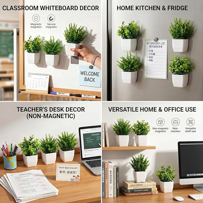3 Pcs Magnetic Plants Classroom Decor Artificial Potted Potted Greenery Mini Fake Plants with Magnets Back to School Teacher Appreciation Gift for Whiteboard Blackboard Home Office(Greenery)