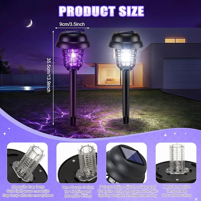 Qualirey 4 Pcs Solar Mosquito Zapper Outdoor Waterproof Solar Powered Bug Zapper Outdoor Mosquito Killer Lamp Trap Repellent Light for Garden Yard Insect (Purple and White Light,Black)