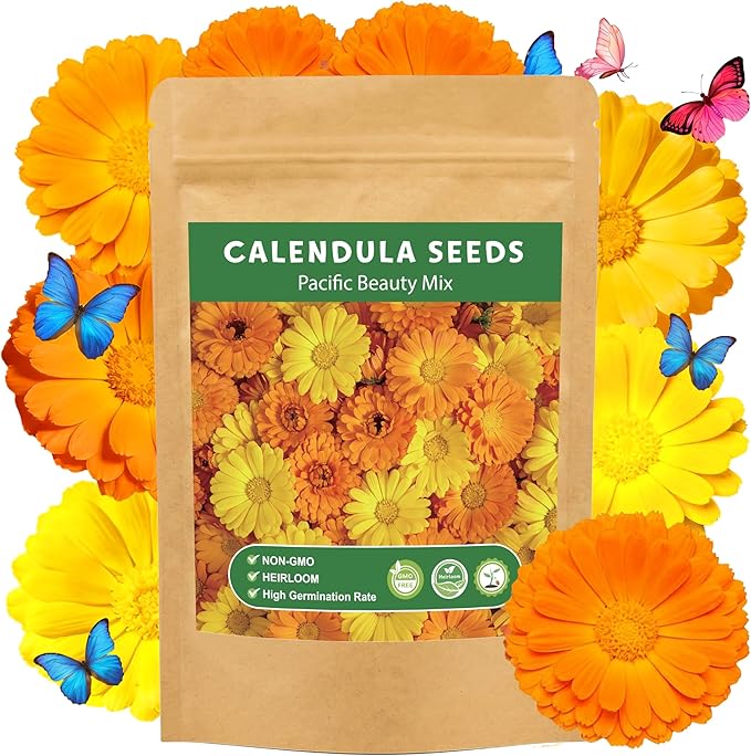 LUOJIBIE Calendula Seeds, Calendula Seeds for Planting Outdoor & Indoor, 4,000+ Pacific Beauty Mix Annual Flower Seeds Bulk, Non-GMO Flower Seeds, Large Blooms, Easy to Grow