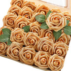 Floroom Artificial Flowers 50pcs Real Looking Gold Foam Fake Roses with Stems for DIY Wedding Bouquets Bridal Shower Centerpieces Floral Arrangements Party Tables Home Decorations