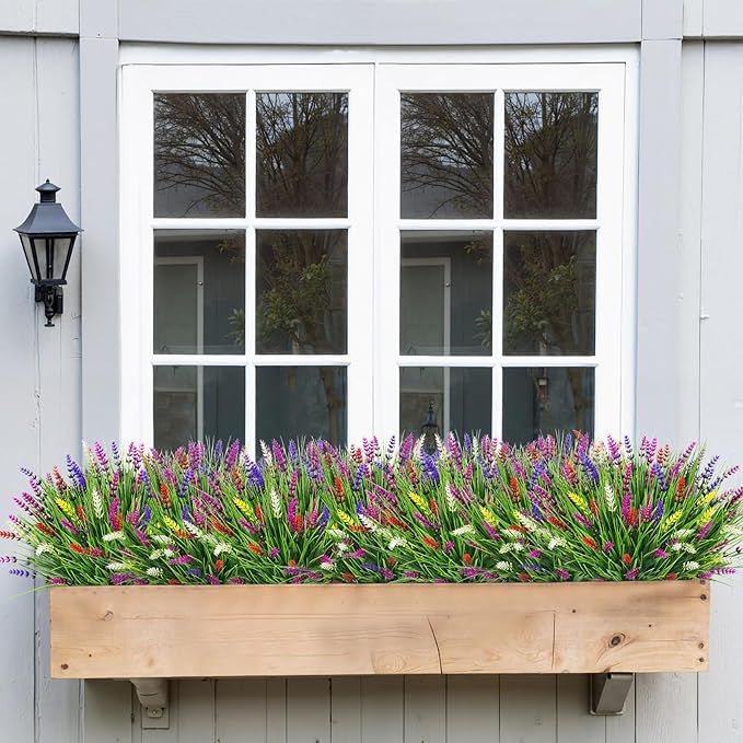 Bassion Artificial Flowers for Outdoors, 24 Bundles Fake Lavender Flowers UV Resistant Mixed Color Plastic Plants Faux Monkey Grass for Home Porch Garden Window Box Indoor Outdoor Decorations