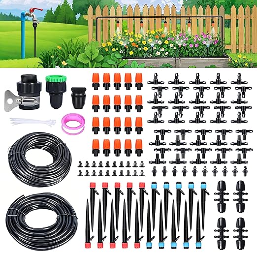 ASEVAT Drip Irrigation System Kit, 26FT+197FT Garden Watering System with Hose Distribution Tubing Drip Emitters Connectors,Automatic Drip Irrigation Kit for Plant,Greenhouse, Yard,Lawn,Patio