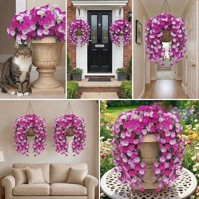 Artificial Flowers for Outdoors Fake Fuchsia Pink Morning Glory Hanging Flower Decoration, 2Pcs Realistic Faux Plants Petunias Long Trailing Vines,Spring Decor for Porch Patio Balcony Planter Yard