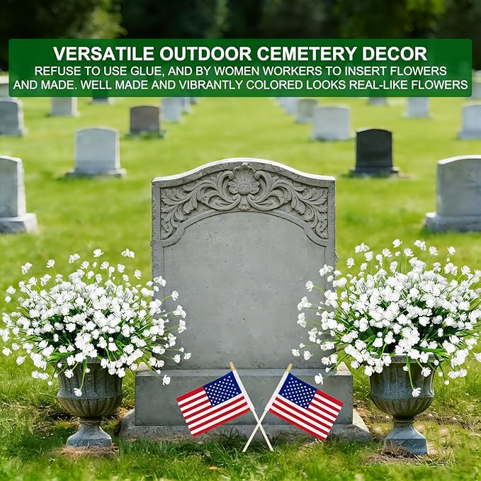 12 Bundles Artificial Flowers for Outdoors Summer Decor, Realistic UV Resistant Fake Plants Faux Plastic Flowers for Outside Planter Home Gardens Patio Porch Yards Spring Cemetery Decor(White)