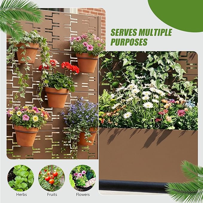 Casaphoria Metal Raised Garden Bed with Trellis and Wheels, 72"x35"x16" Planter Box for Climbing Plants, Vegetables & Vines, Features Drainage Holes and Privacy Screen, Brown-Brick