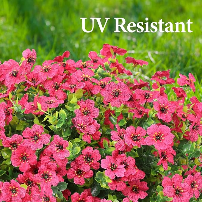 ATTGREAT Artificial Flowers Outdoor Faux Plants UV Resistant Fake Patio Flowers Plastic Greenery Plnats Outside Bulk for Spring Garden Hanging Planter Home Vase Decor, 12 Bundles (Rose Red)