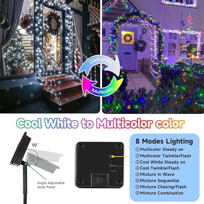 Cool White and Multicolor Color Changing Solar String Lights for Outside, 2 Pack 400LED Solar Fairy Lights Outdoor, Waterproof Copper Wire with 8 Modes Solar Twinkle Lights for Tree Garden Xmas Decor