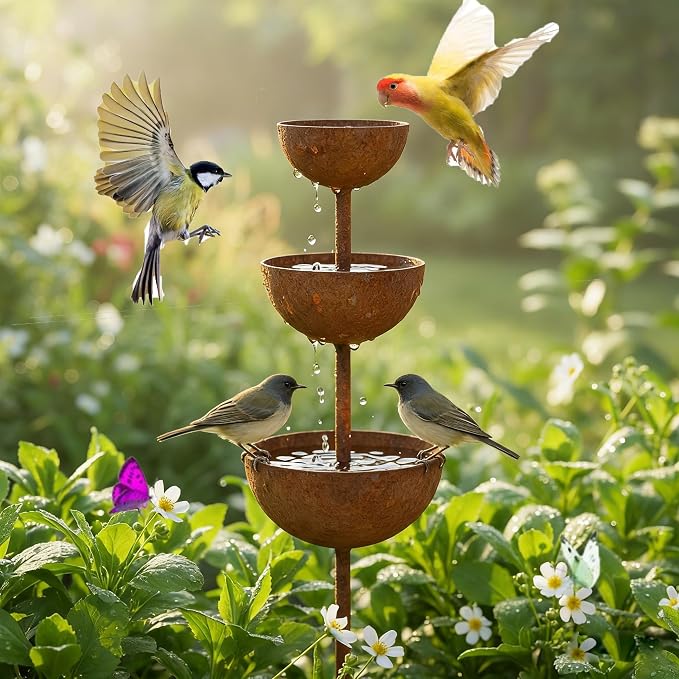 Rain Catcher - Plant Support Metal Garden Ornament,3-Tier Rain Catcher Garden Stake with Water Bowls,Rusty Metal Flower GardenStakes Bird Bath,Bird Bath & Bee Watering Station for Outdoor Patio Decor