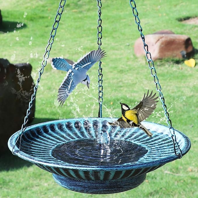 12.3" Hanging Bird Bath with Solar Fountain Bird Bath Bubbler，Birdbath Fountain for Garden Patio Decor,Blue