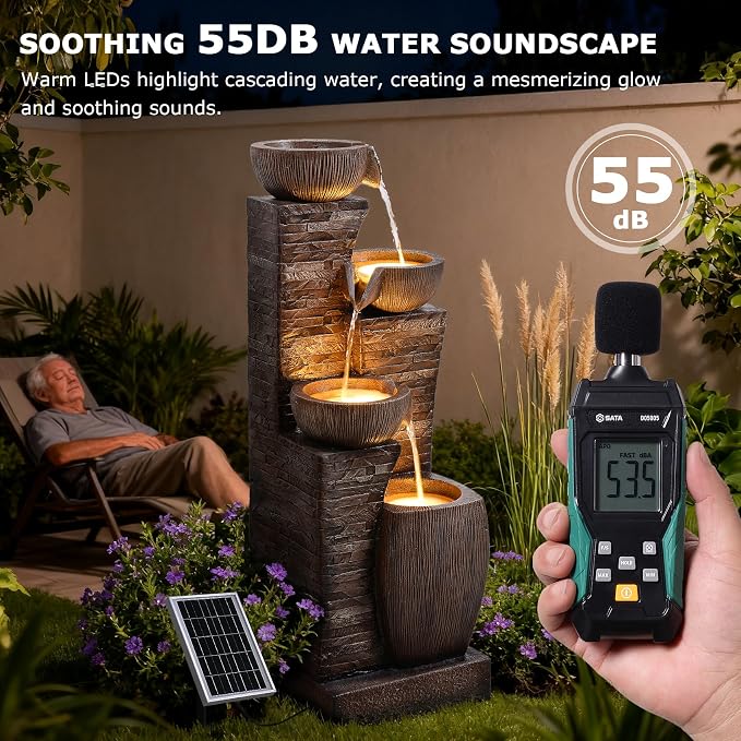38.2" Tall Solar Powered Water Fountain for Outdoor,4 Tiers Modern Cascading Bowls and Stacked Stones Solar Fountains with LED Lights for Garden, Patio, Deck, Backyard and Home Art Decor